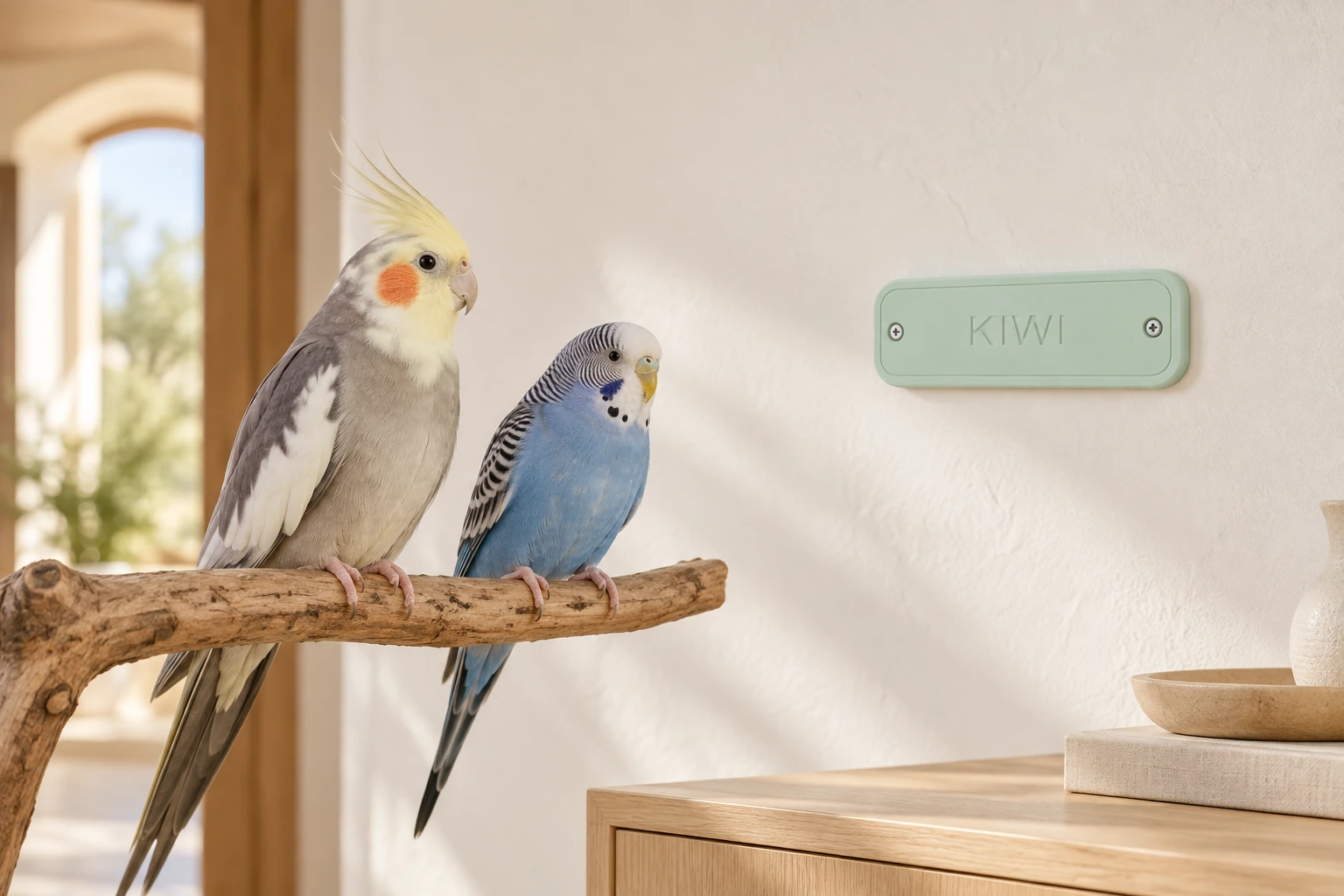Lifestyle illustration of a cockatiel and budgie with the small KIWI Flock Plaque on the wall beyond their perch
