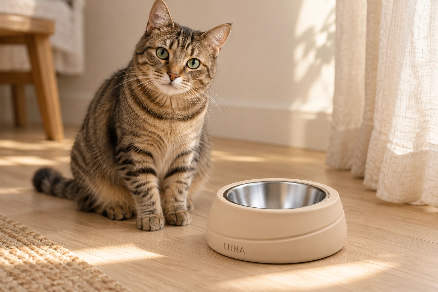 Lifestyle illustration of a tabby cat with the Warm Sand Orbit Bowl and stainless insert