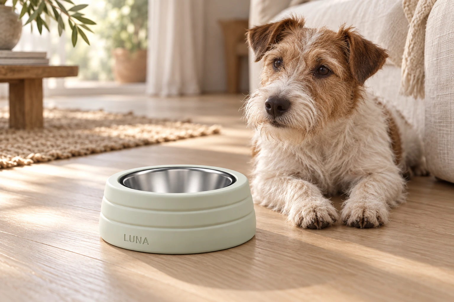 Lifestyle illustration of a terrier beside the Soft Mint Terrace Bowl with stainless insert