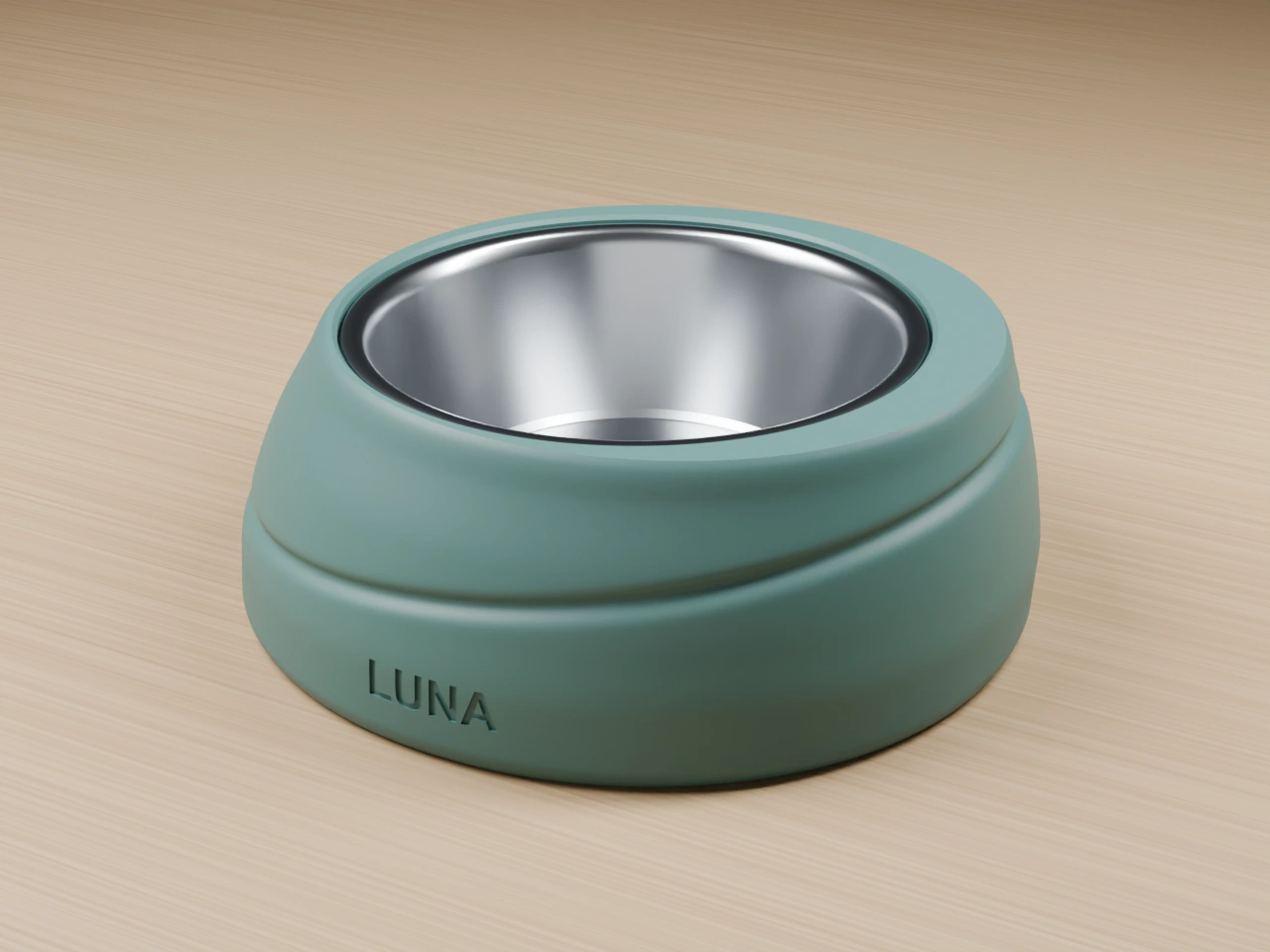 Eclipse Single Bowl in Mineral Teal with removable stainless bowl, on an oak floor