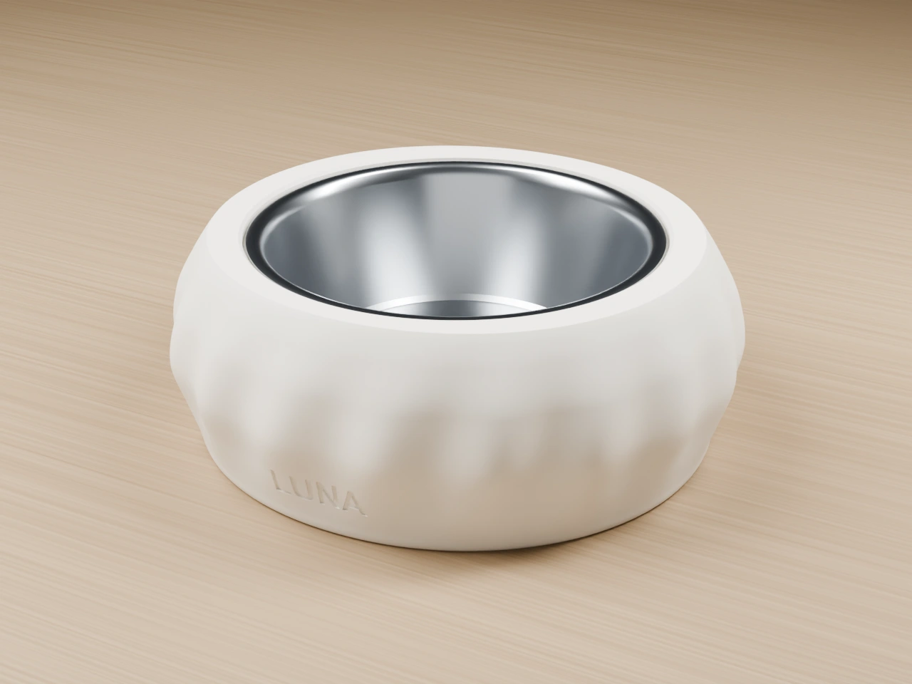 Silk Single Bowl in Warm White with removable stainless bowl, on an oak floor