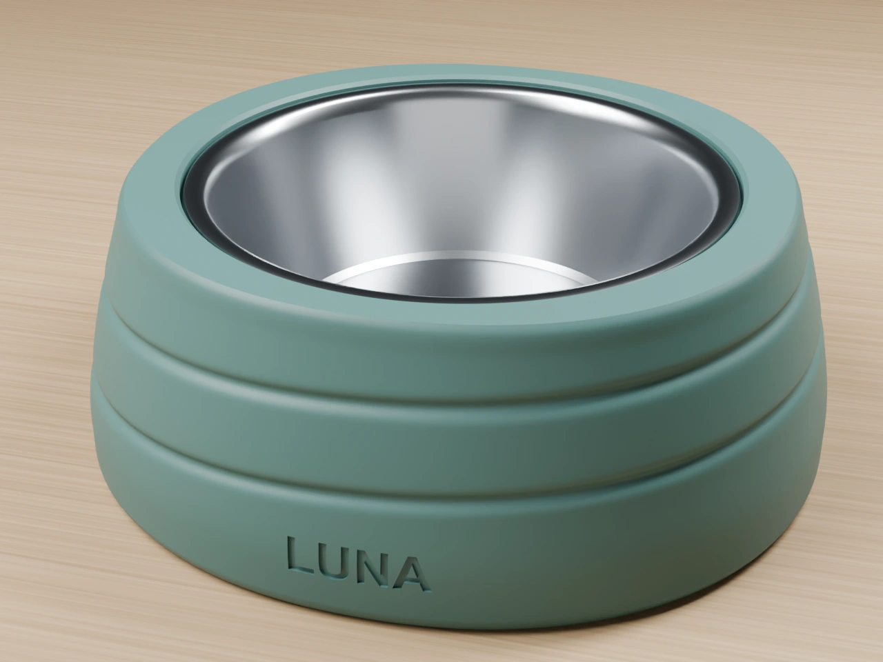 Close detail of the Terrace contours, engraved LUNA and removable stainless bowl in Mineral Teal